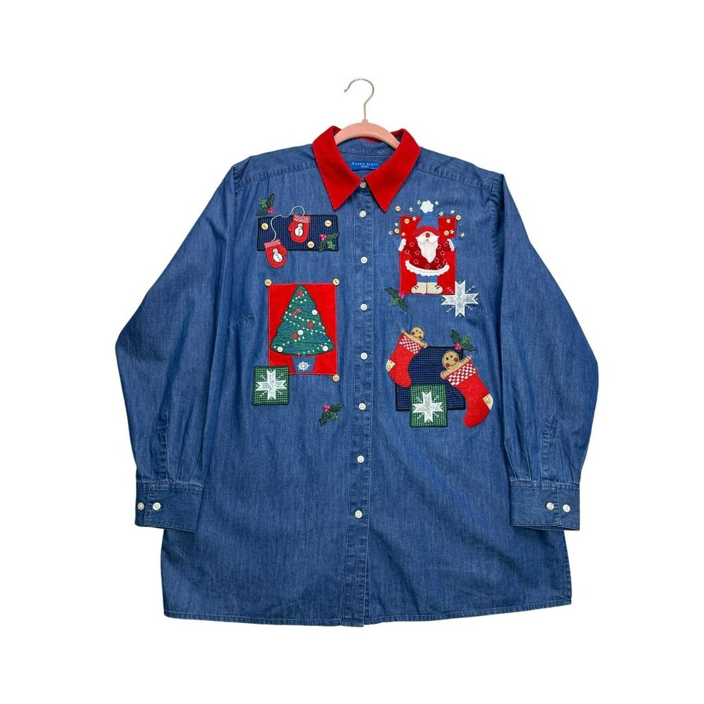 Karen Scott Button Up Shirt Womens XL Vtg 90s Xmas Santa Corduroy Chambray Patch